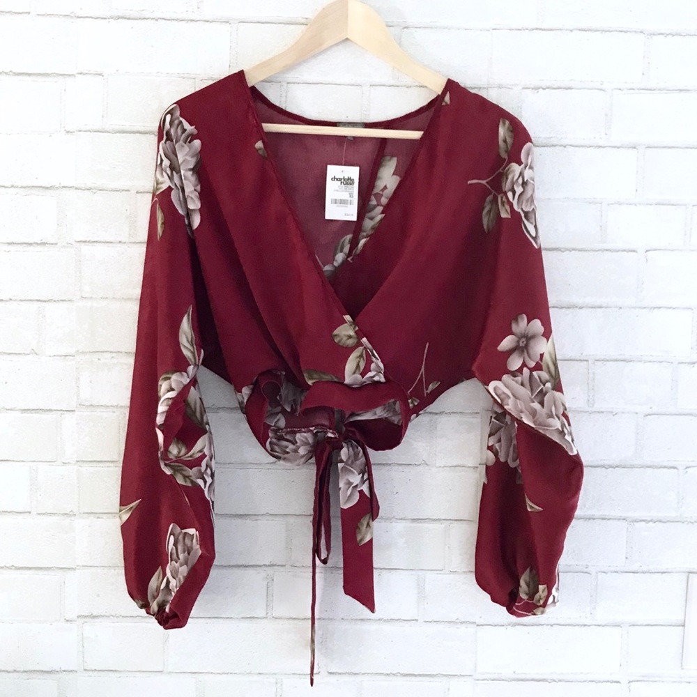 Red Silky Floral Kimono Top - Tie Crop Top